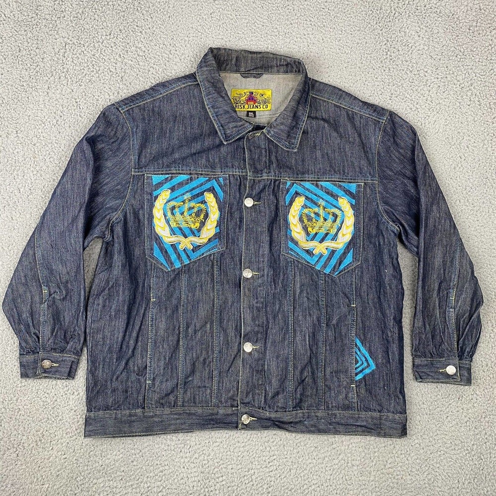 Risk Jeans Men’s Blue Denim Jean Trucker Jacket Dark Wash Graphic Size 3XL